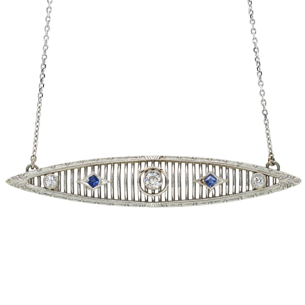 0.43ctw Diamond & Sapphire Art Deco Pin Turned Necklace 14K