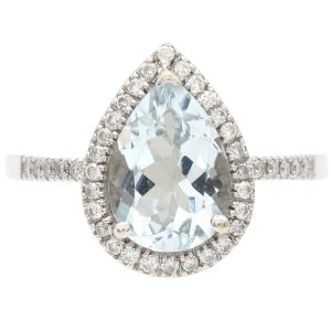1.69ctw Aquamarine Ring with Diamond Halo in 14K White Gold front