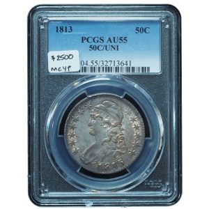 1813 Capped Bust Half Dollar AU55 PCGS – Rare “50C Over UNI” Overdate
