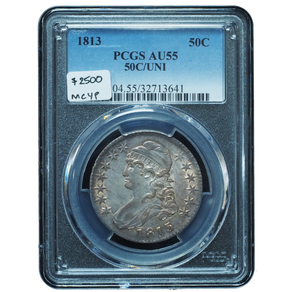 1813 Capped Bust Half Dollar AU55 PCGS – Rare “50C Over UNI” Overdate *