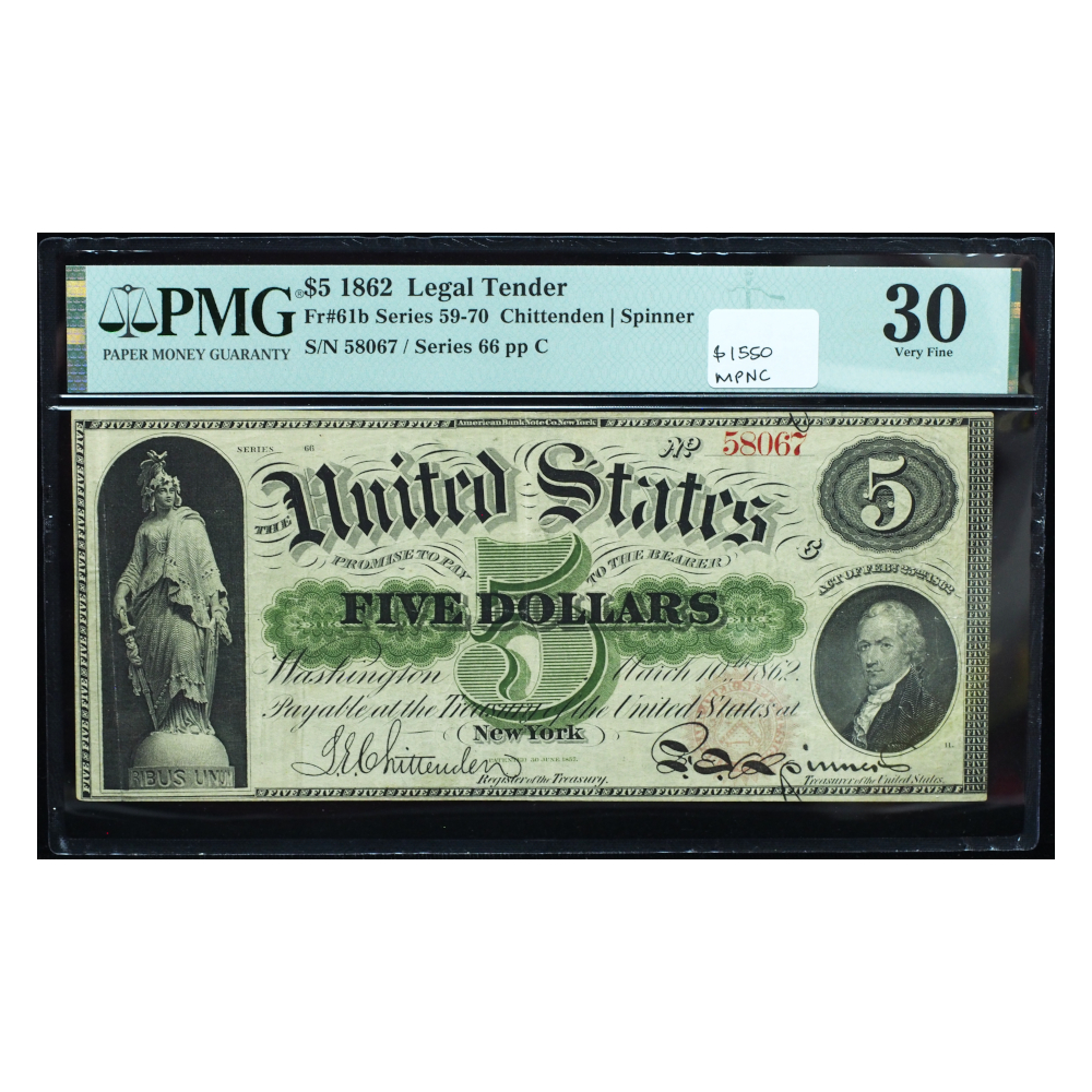 1862 $5 Legal Tender Note PMG 30 – Civil War–Era Greenback