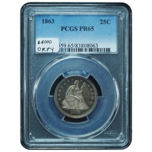 1863 Proof Seated Liberty Quarter PR65 PCGS
