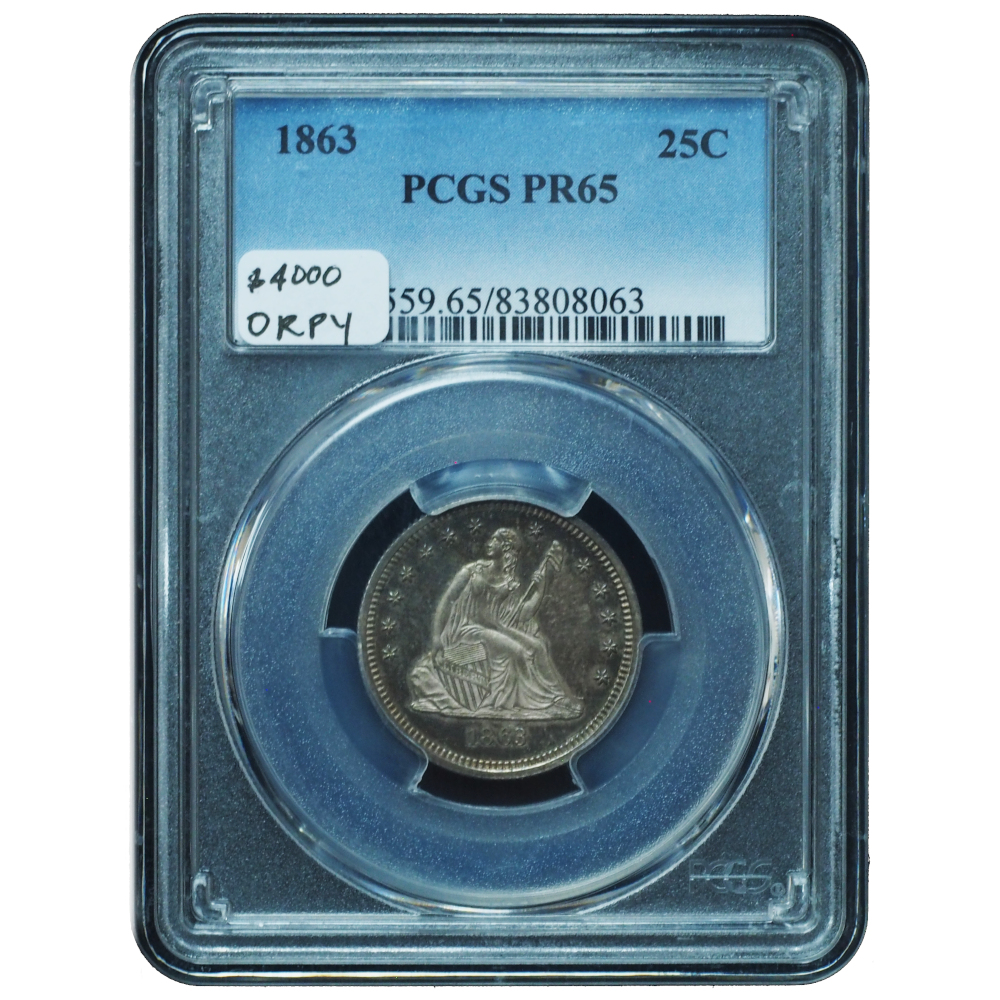 1863 Proof Seated Liberty Quarter PR65 PCGS – Civil War–Era Gem Proof *