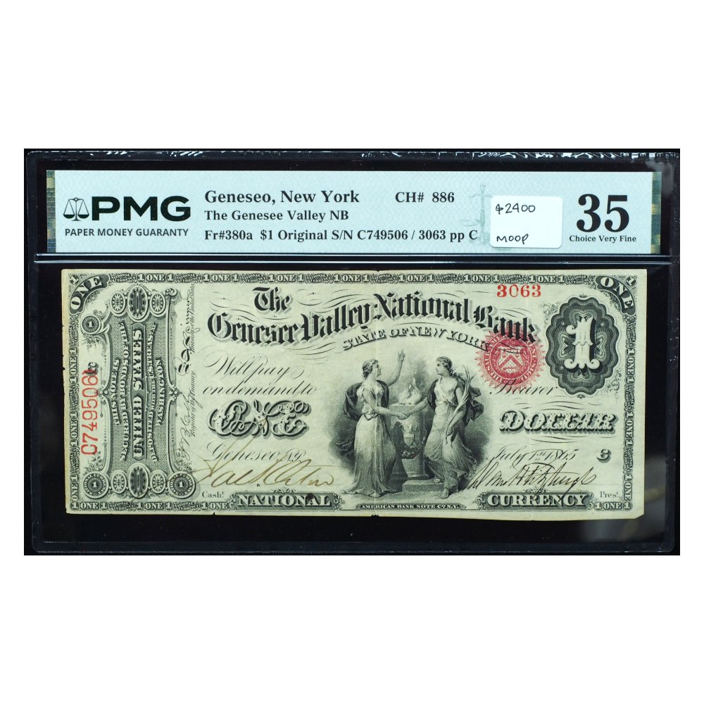 1865 $1 National Bank Note PMG 35 – Geneseo, NY (Charter #886)