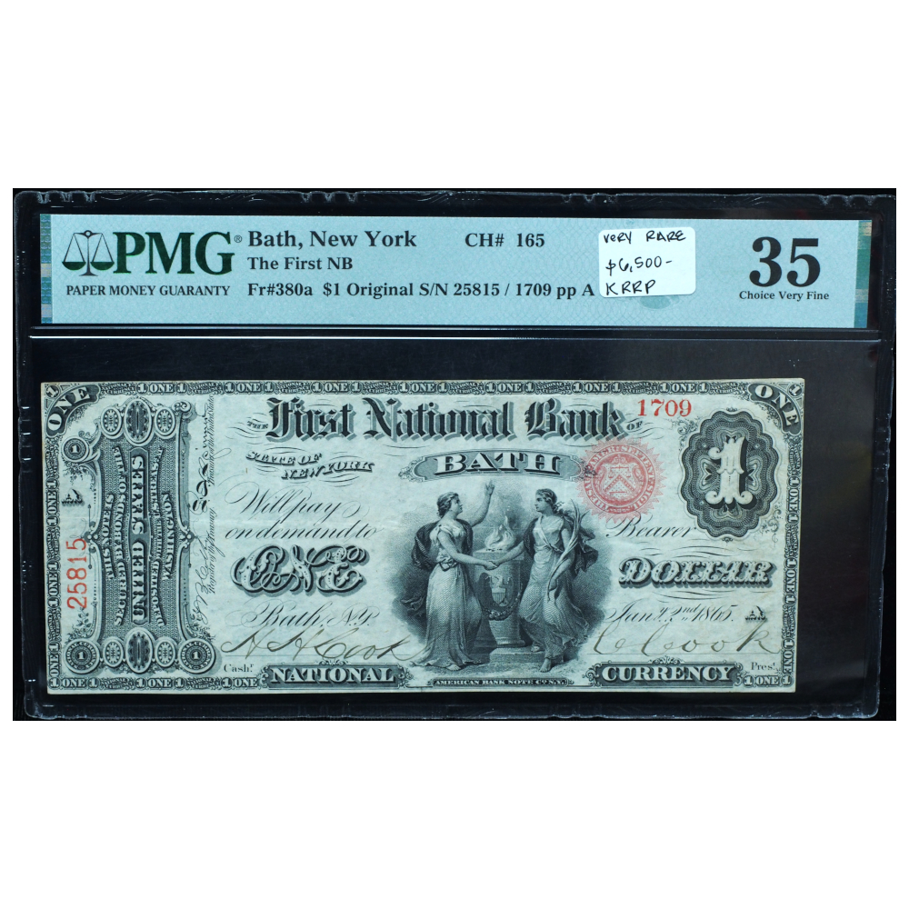 1865 $1 National Bank Note PMG 35 – Bath, NY (Charter #165)