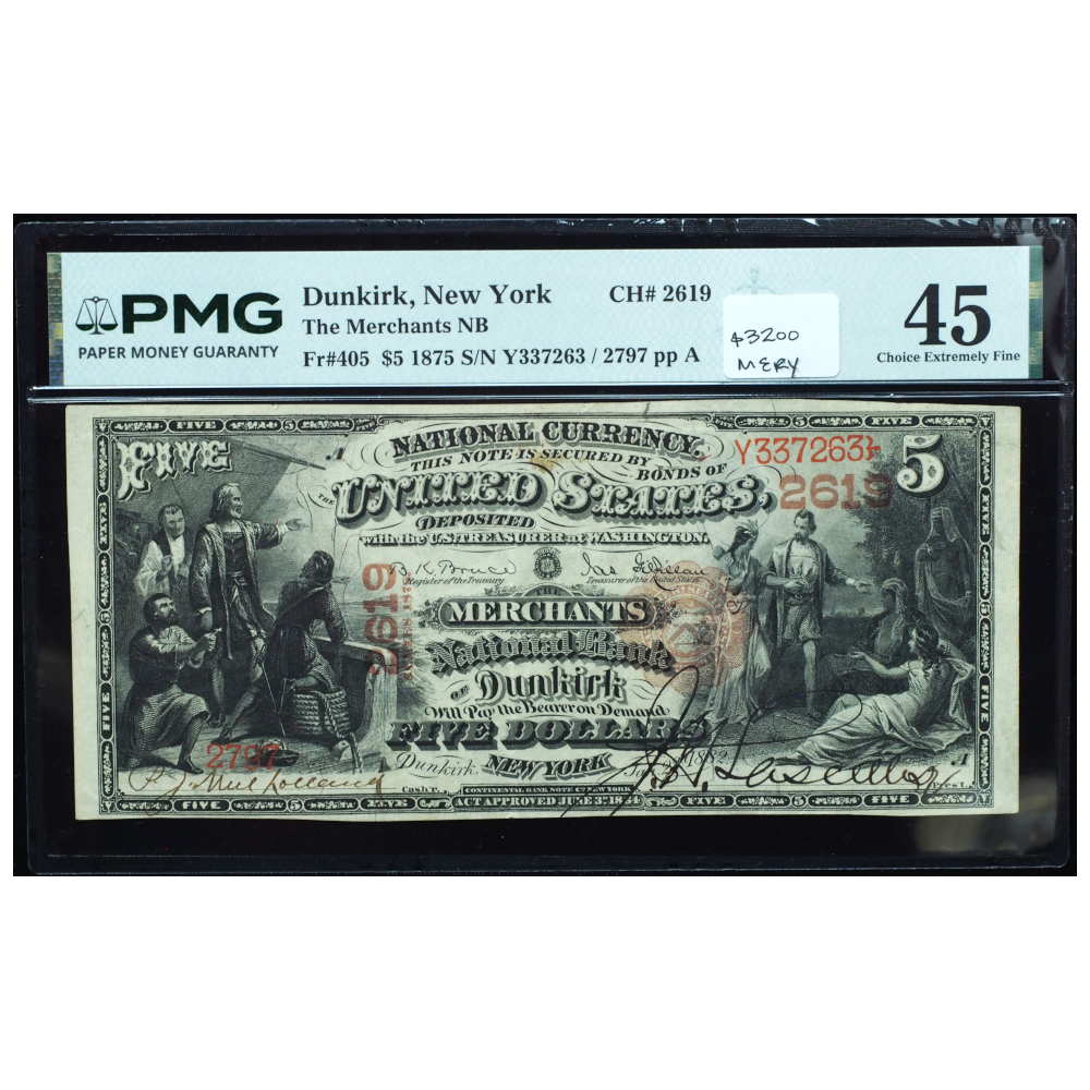 1875 $5 National Bank Note PMG 45 – Dunkirk, NY (Charter #2619)