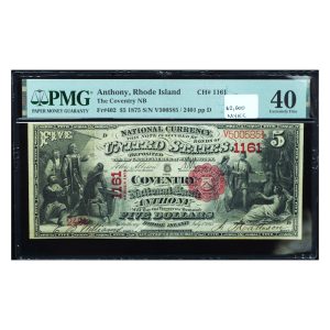 1875 $5 National Bank Note PMG 40 – Red Seal, Anthony, RI (Charter #1161)