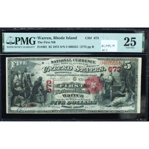 1875 $5 National Bank Note PMG 25 – Warren, RI (Charter #673)