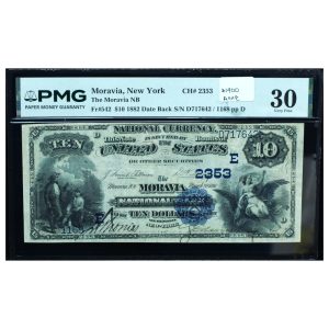 1882 $10 National Bank Note PMG 30 | Moravia NY