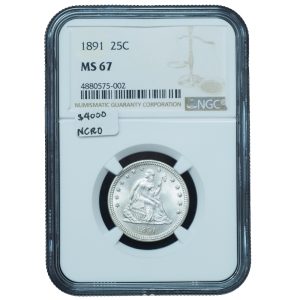 1891 Seated Liberty Quarter MS67 NGC – Blast White Gem
