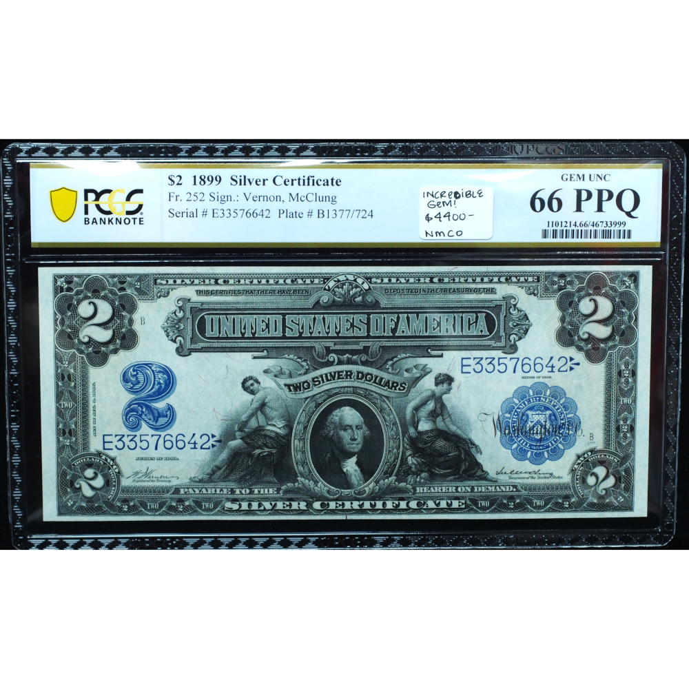 1899 $2 Silver Certificate PCGS 66 PPQ – Mini Porthole Gem Note