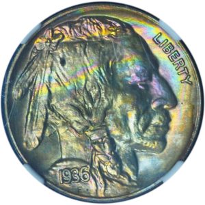 1936 Satin Proof Buffalo Nickel PF68 NGC – Monster Rainbow Toned Gem