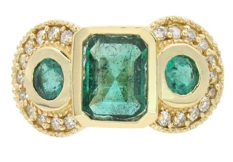3-Stone Natural Emerald & Diamond Ring in 14K Yellow Gold