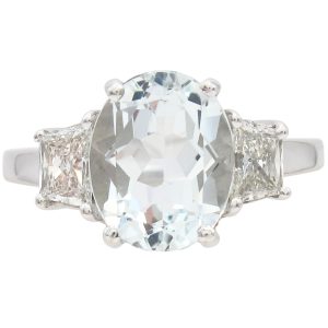 3.05ctw Aquamarine Ring with Trapezoid Diamonds in 18K White Gold front