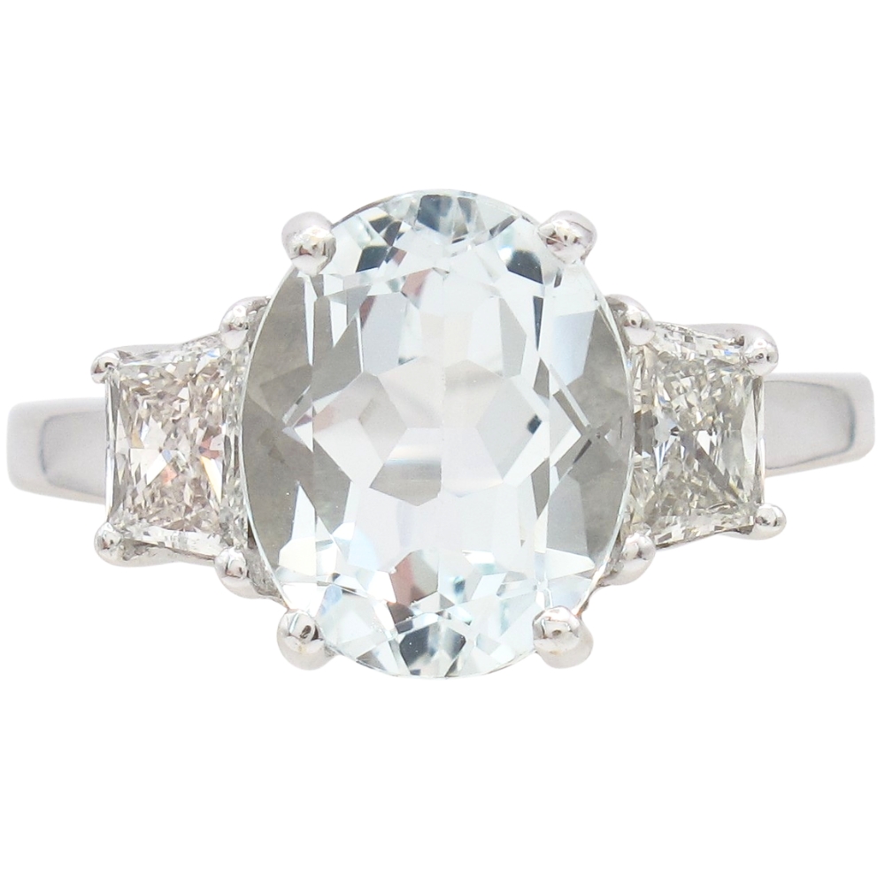 3.05ctw Aquamarine Ring with Trapezoid Diamonds in 18K White Gold