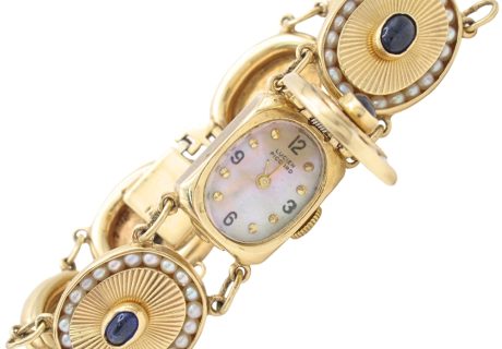 4.80ctw Sapphire & Pearl Lucien Piccard Watch Bracelet 14K Gold front open