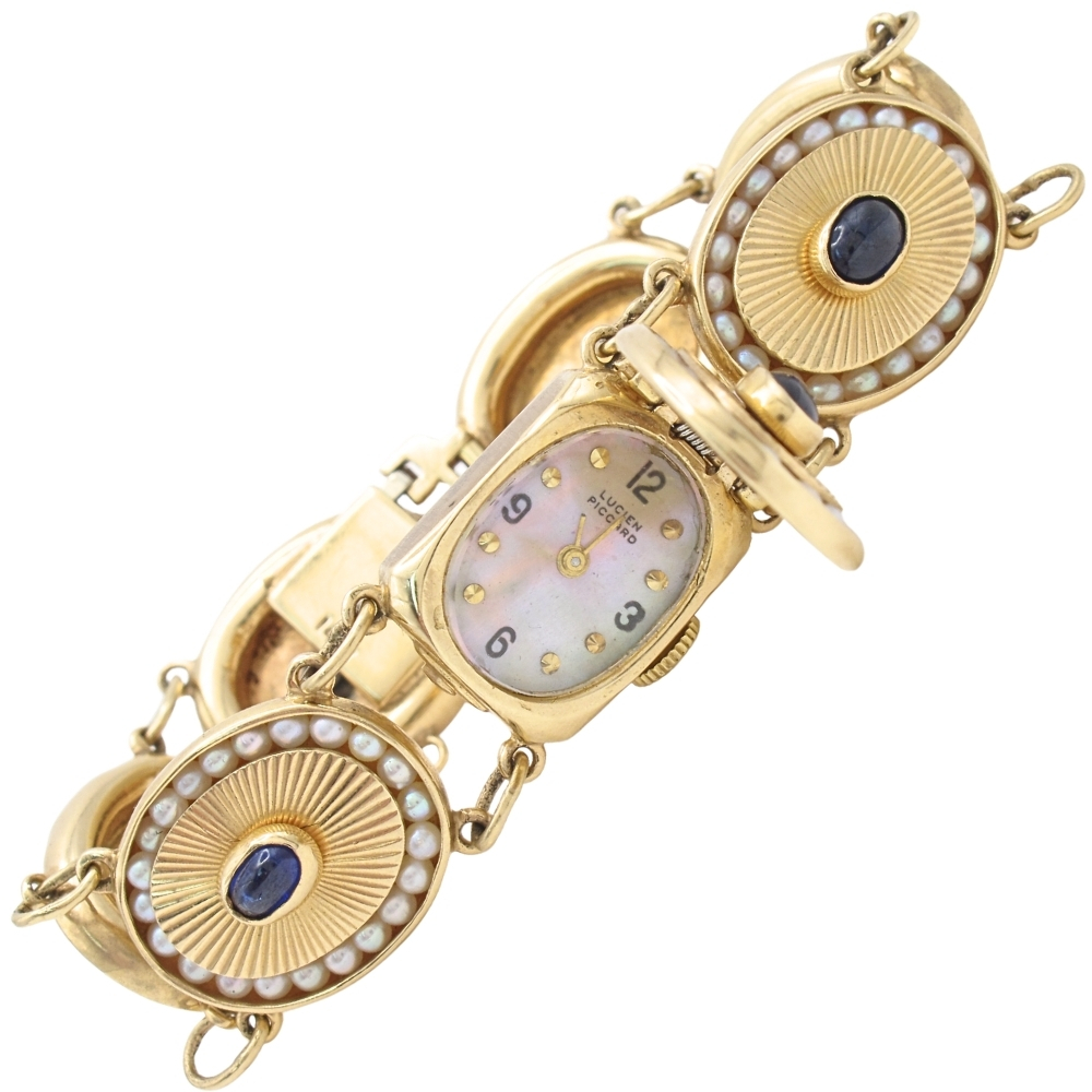 4.80ctw Sapphire & Pearl Lucien Piccard Watch Bracelet 14K Gold