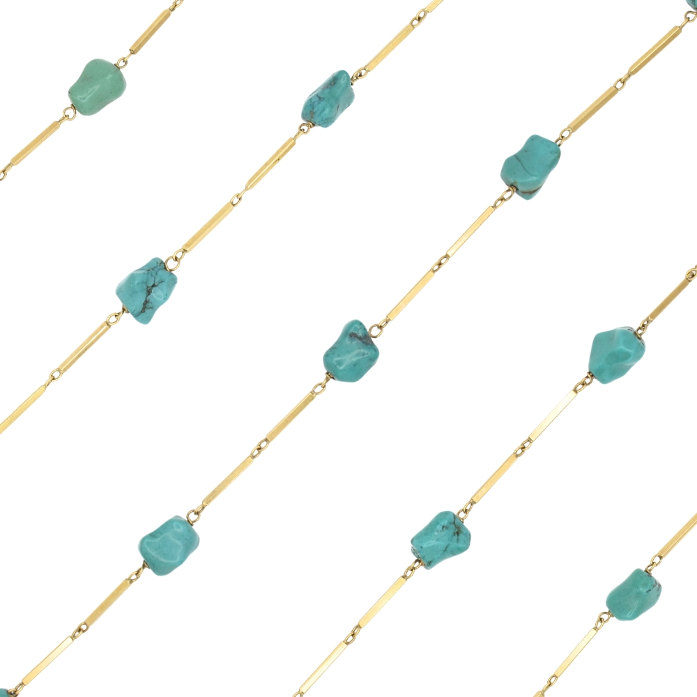 Alternating Turquoise & Bar Link Necklace 18K Gold, 27.25″ Length