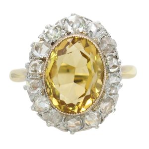 Citrine & Rose Cut Diamond Halo Victorian Ring 14K Yellow Gold & Platinum