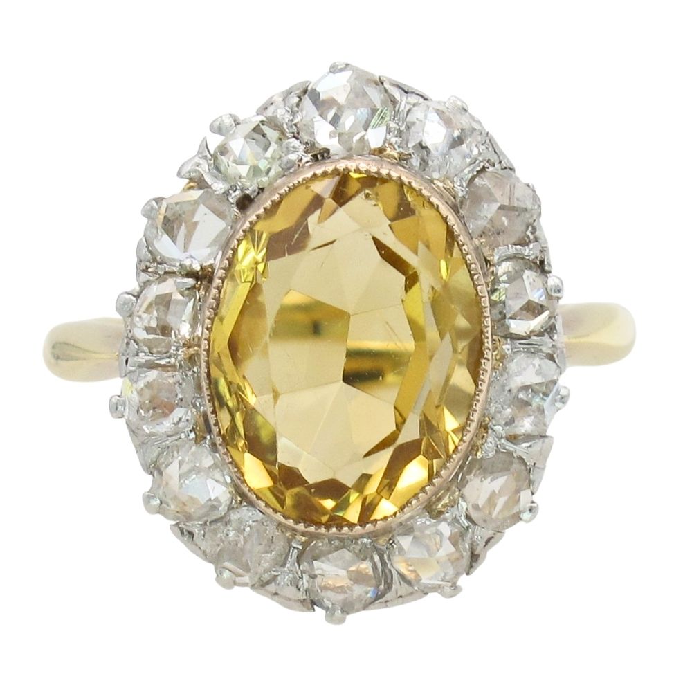 Citrine & Rose Cut Diamond Halo Victorian Ring 14K