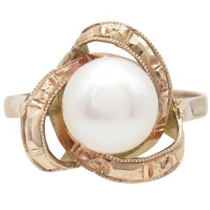 Edwardian Cultured Pearl Trinity Knot Ring 18k Rose Gold front