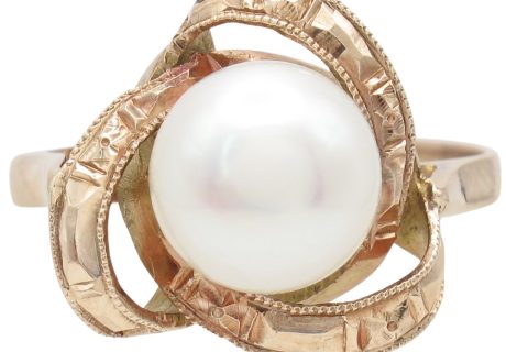 Edwardian Cultured Pearl Trinity Knot Ring 18k Rose Gold front