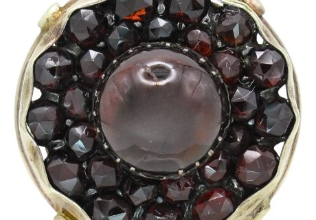 Large Garnet Victorian Bohemian Double Halo Ring 11.85ctw 14K Yellow Gold