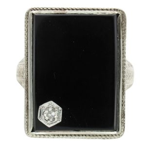Large Rectangular Onyx & Diamond with Floral Filigree Art Deco Ring 14K White Gold