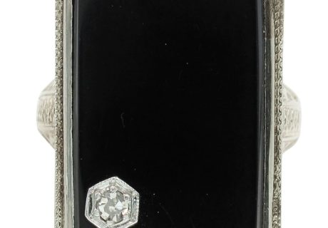Large Rectangular Onyx & Diamond with Floral Filigree Art Deco Ring 14K White Gold