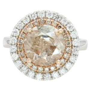 Peach-Champagne Colored Round Diamond with Double Diamond Halo Ring