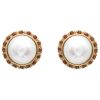 Pearl Stud Earrings with Garnet Halo Accents in 14K Gold front