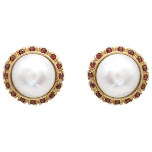 Pearl Stud Earrings with Garnet Halo Accents in 14K Gold front