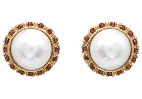 Pearl Stud Earrings with Garnet Halo Accents in 14K Gold front