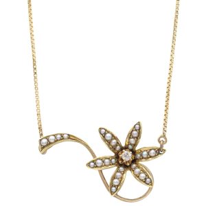 Seed Pearl Flower Necklace with Diamond Accent in 14K Gold