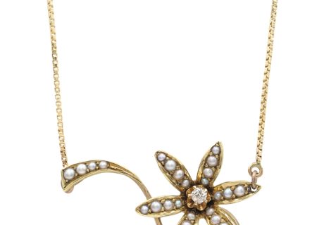 Seed Pearl Flower Necklace with Diamond Accent in 14K Gold
