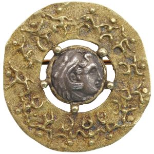 Silver Thrace AR Drachma c. 330-344 B.C. Ancient Coin Brooch Pin in 18K Gold front