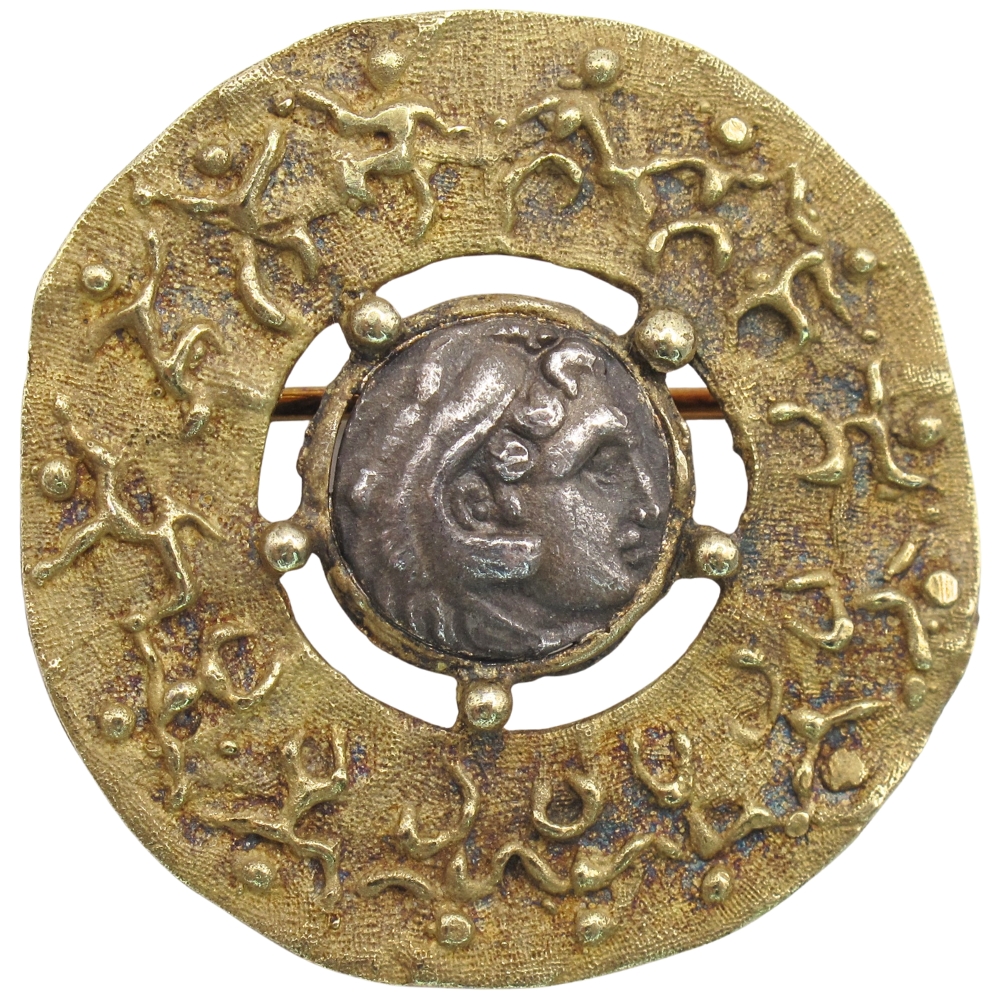 Silver Thrace AR Drachma c. 330-344 B.C. Ancient Coin Brooch Pin in 18K Gold