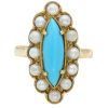 Turquoise & Pearl Halo Navette Vintage Victorian Revival Ring 18K Yellow Gold