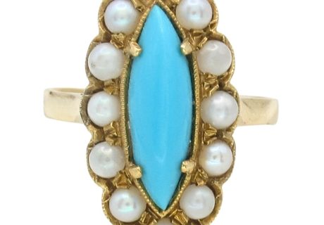 Turquoise & Pearl Halo Navette Vintage Victorian Revival Ring 18K Yellow Gold