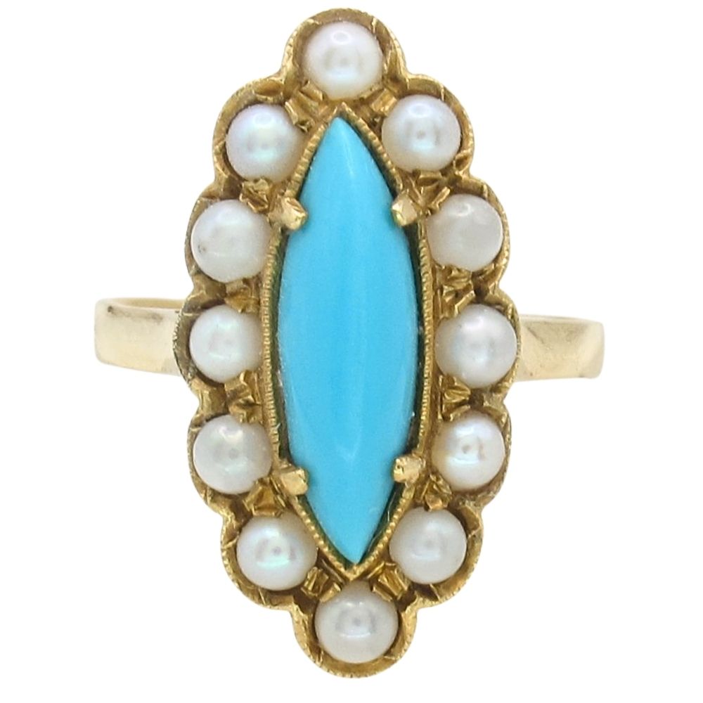 Turquoise Pearl Halo Navette Vintage Victorian Revival Ring 18K
