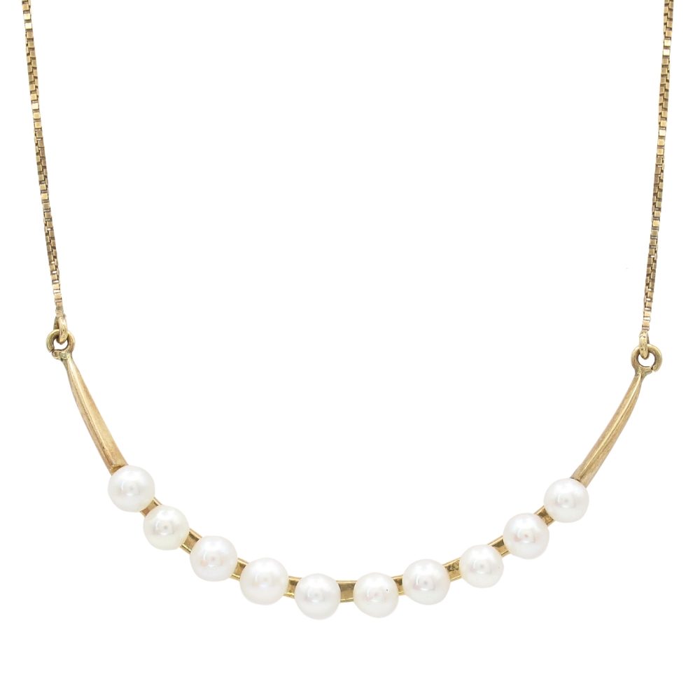Victorian Cultured Pearl Crescent Necklace 14K Gold