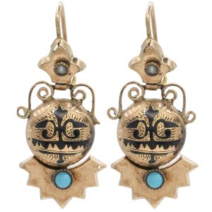 Victorian Enamel Dangle Earrings 10K Rose Gold front