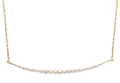 Victorian Era Seed Pearl Crescent Bar Necklace 14k Gold
