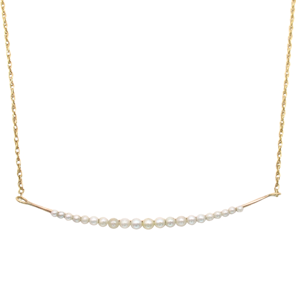 Victorian Era Seed Pearl Crescent Bar Necklace 14k Gold