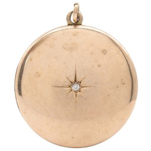 Victorian Round Locket Pendant with Old Mine Cut Diamond Accent in 14K Gold front