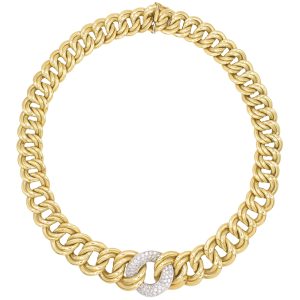 1.00ctw Diamond Double Curb Link Graduated Necklace 18K Two-Tone Gold front