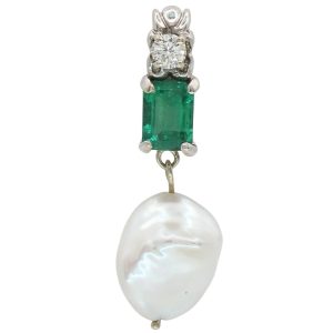 1.4ctw Natural Emerald & Baroque Pearl Pendant 14K White Gold