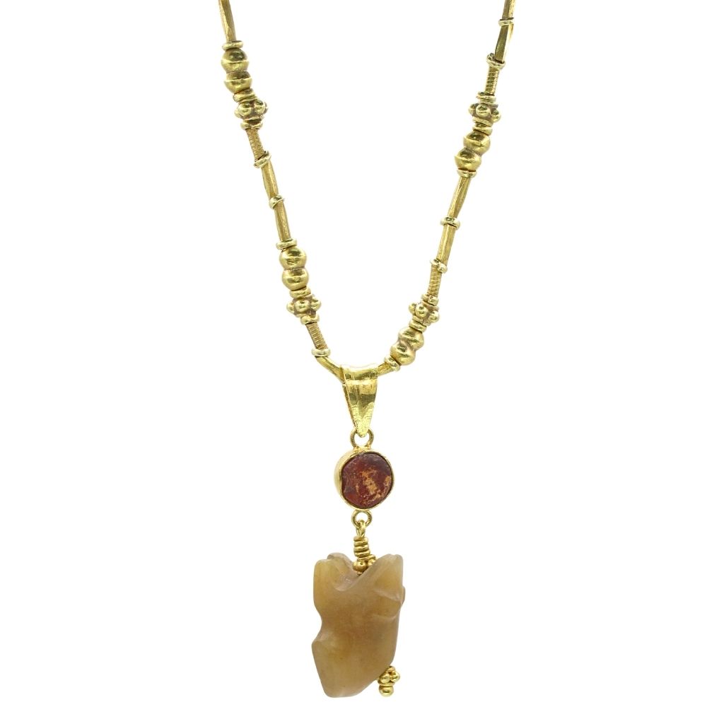 Handmade Pre-Columbian Carved Quartz Frog Antique Necklace 22k