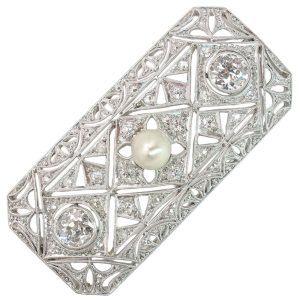 Art Deco Old European Diamond & Pearl Brooch, Platinum & 18K White Gold Front