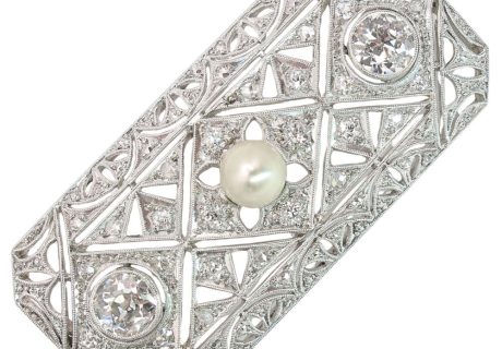 Art Deco Old European Diamond & Pearl Brooch, Platinum & 18K White Gold Front
